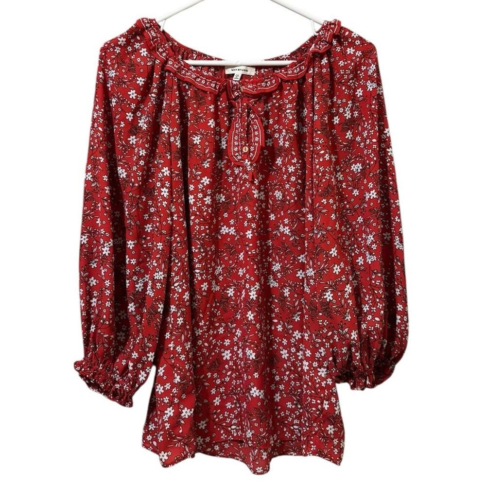 Max Studio Women Size Medium Floral Blouse Buttons Ruffles Lightweight Polyester